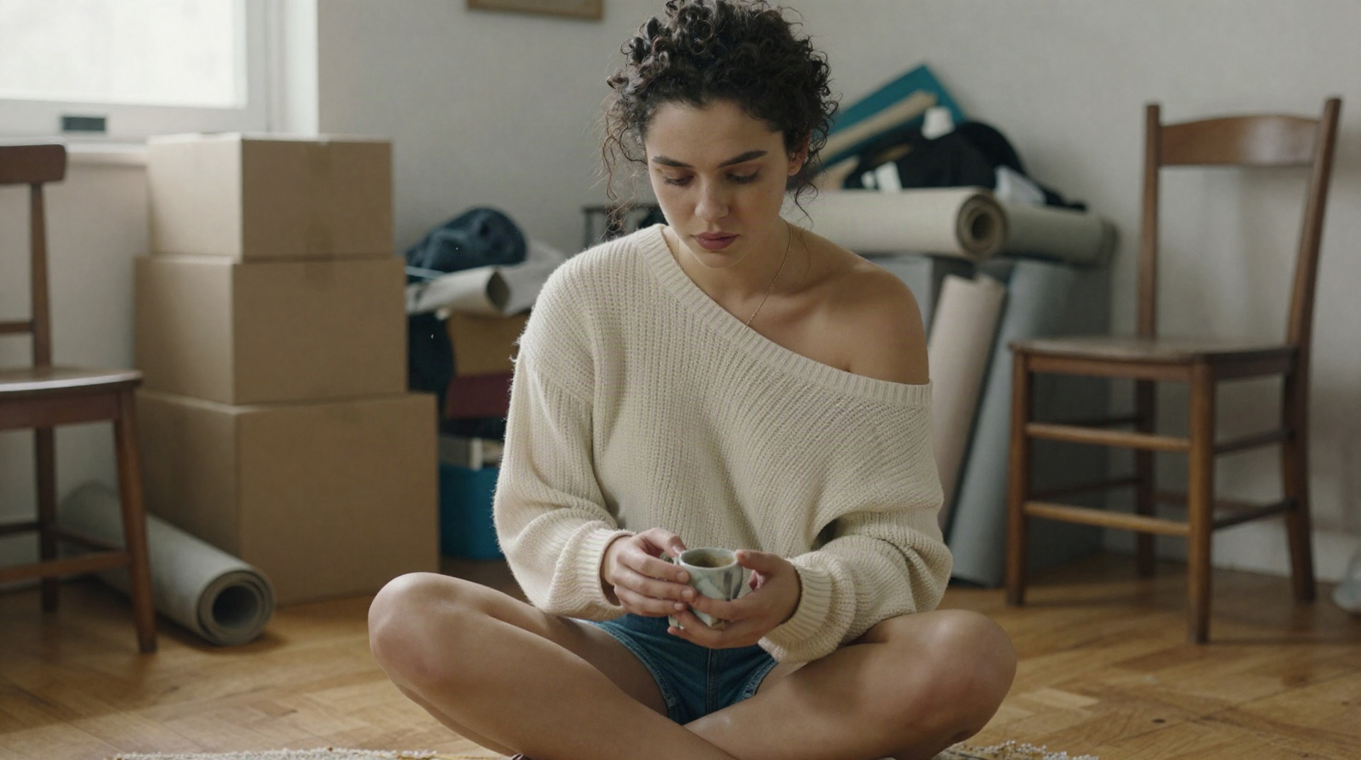 Женщина сидит на полу в захламленной комнате, задумчиво держа в руках вещь среди коробок и старой мебели.